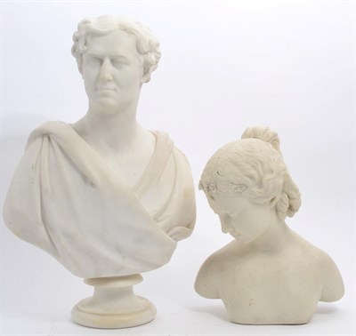 Lot 320 - A Victorian Neo-Classical marble bust of a gentleman, together with a Copeland Parian bust of a...