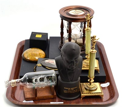 Lot 321 - A group of miscellaneous including an inlaid oak aneroid barometer, a Wedgwood bust of Churchill, a