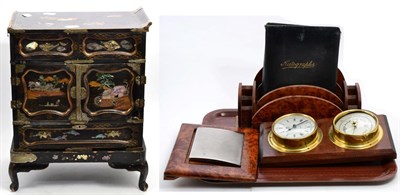 Lot 326 - A Japanese mother of pearl inlaid lacquered cabinet (a.f.), a wall mounted brass clock and...