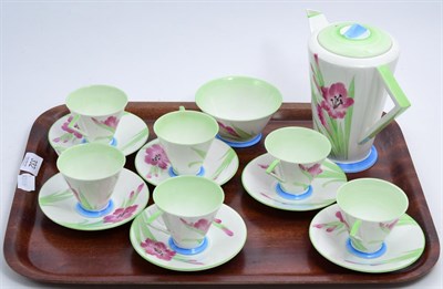 Lot 332 - A Shelley Art Deco tea service, painted with pink flowers; comprising teapot; sugar bowl and...