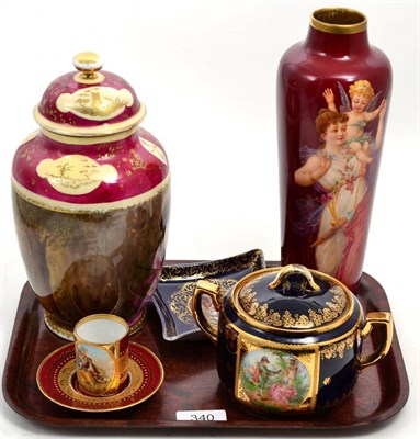 Lot 340 - Five pieces of Vienna porcelain comprising a vase painted with Venus and Cupid signed Bruch (a.f.)