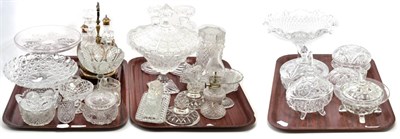 Lot 342 - Three trays of assorted 19th century and later cut and pressed glass including tazzas, cruets,...