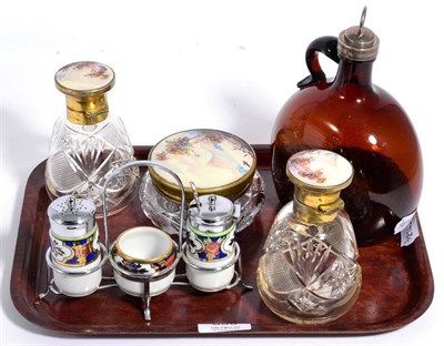 Lot 350 - A late Georgian flask with stopper, part dressing table set and a table cruet (3)