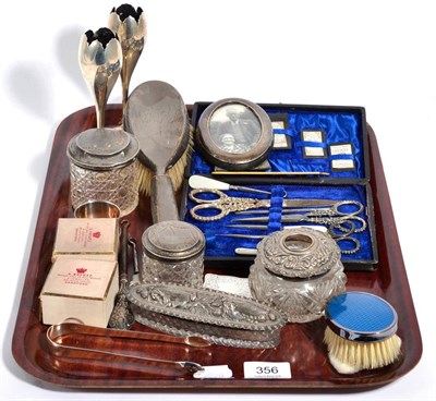 Lot 356 - Silver dressing table items, silver vesta case, silver sugar tongs, etc