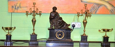 Lot 362 - A Victorian figural gilt metal and slate five piece striking clock garniture comprising clock,...