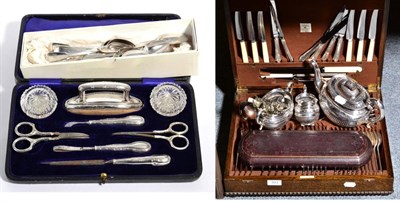 Lot 393 - Three George IV silver fiddle pattern table spoons; a cased silver mounted manicure set; a set...