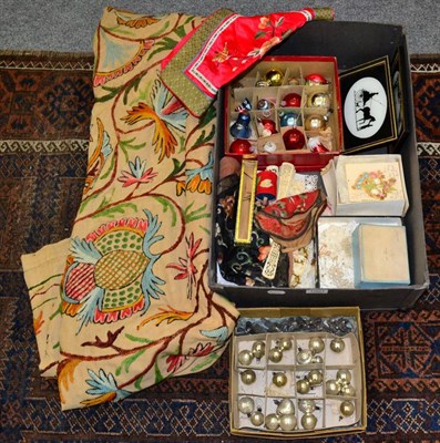 Lot 1001 - Assorted items including vintage bell and circular baubles, Chinese embroidered panels, bone...