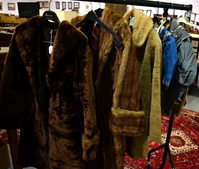 Lot 1038 - Blank Furriers Hull musquash fur coat, two others, faux fur stole, and two Victorian bodices (6)