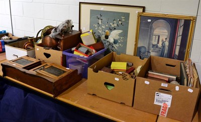 Lot 1043 - Five boxes of various games, books, strips of wood veneer, copper and brass etc, together with...