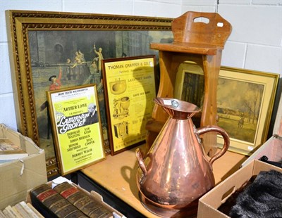 Lot 1055 - A 19th century four gallon copper harvest jug, an oak high chair, and four prints, a coaching scene