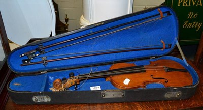 Lot 1064 - A violin and two bows (cased)