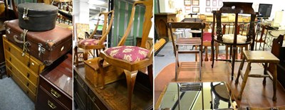 Lot 1099 - A four height oak chest of drawers, a hat box, a suitcase, an oak slant front box, four various...