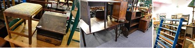 Lot 1114 - An oak dining chair and a matching oak carver, a three tier bookshelf, a small reproduction...