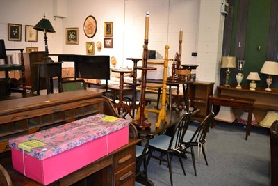 Lot 1140 - Seven various lamp and occasional tables; a pedestal bowl; mantel clock and a boxed doll