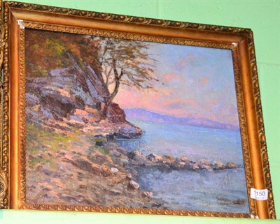 Lot 1150 - Continental School, early-mid 20th Century, coastal landscape at sunset, oil on canvas,...