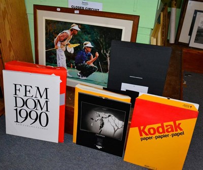 Lot 1173 - A 1993 Jaguar calendar with various others and a framed golfing print (7)