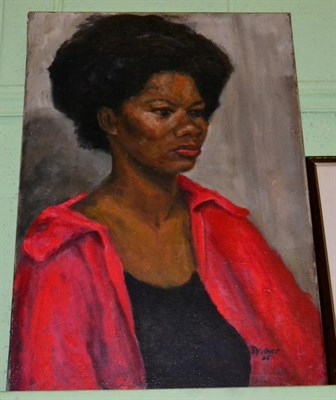 Lot 1179 - D Fisher (20th century) head and shoulders portrait of a black lady wearing a red shirt, signed and