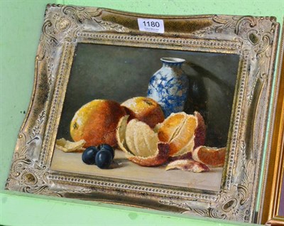 Lot 1180 - 20th century school still life of peeled oranges and a blue vase, oil on board ,signed