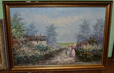 Lot 1191 - 20th century school, Lady's on a lakeside path, oil on canvas, indistinctly signed