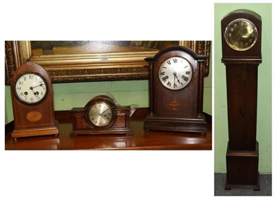 Lot 1224 - An Art Deco oak veneered chiming small longcase clock; two inlaid striking mantel clocks and a...