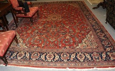 Lot 1292 - Mahal carpet, West Iran, the strawberry field with cusped medallion framed by spandrels and...