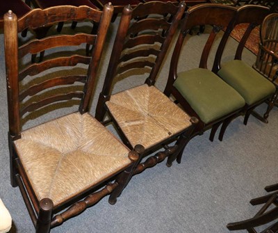 Lot 1316 - A pair of 19th century mahogany chairs and a pair of 19th century rush/ladder back chairs (4)