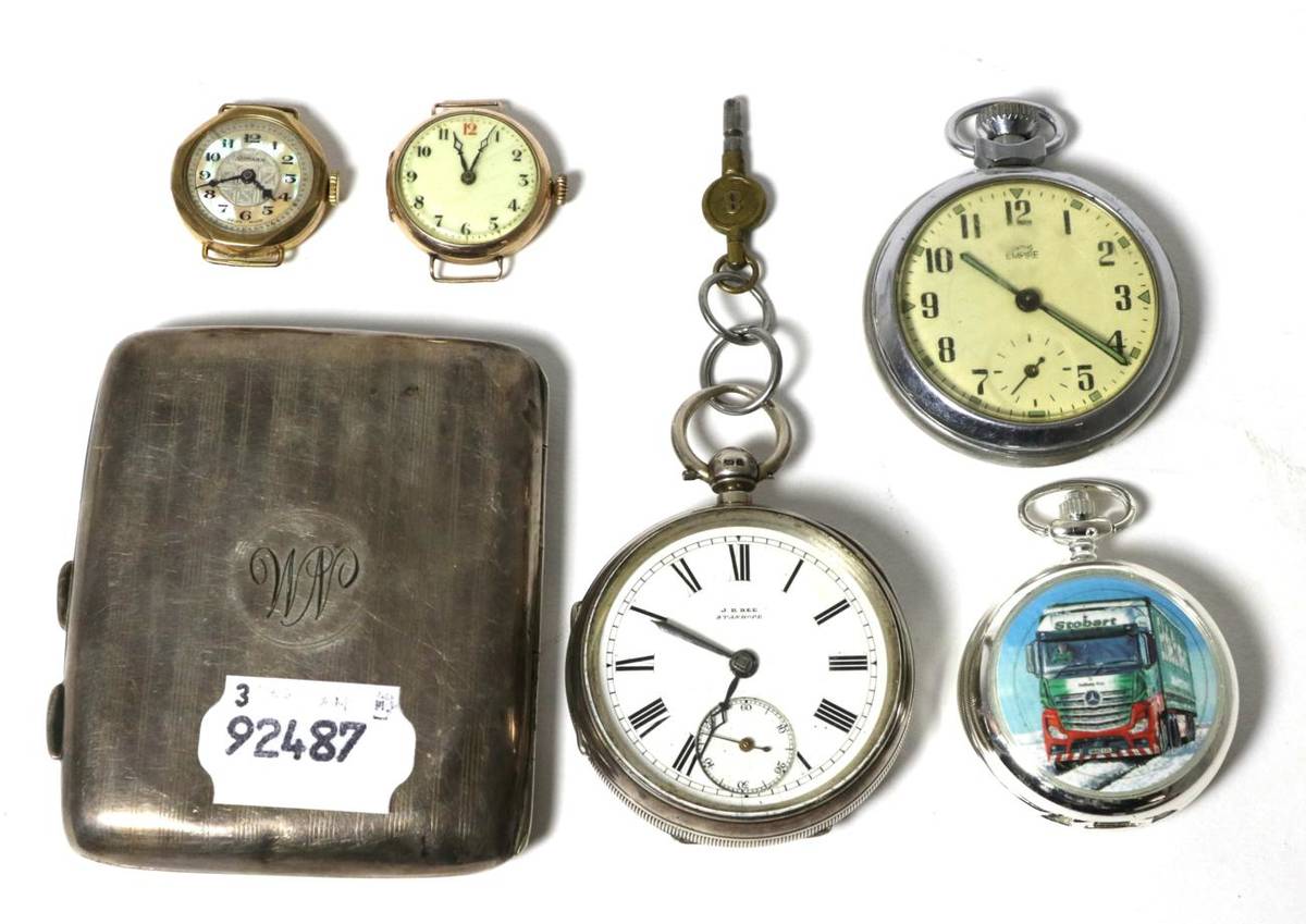 Lot 10 - A silver pocket watch, two lady's 9 carat gold wristwatches, a silver cigarette case etc
