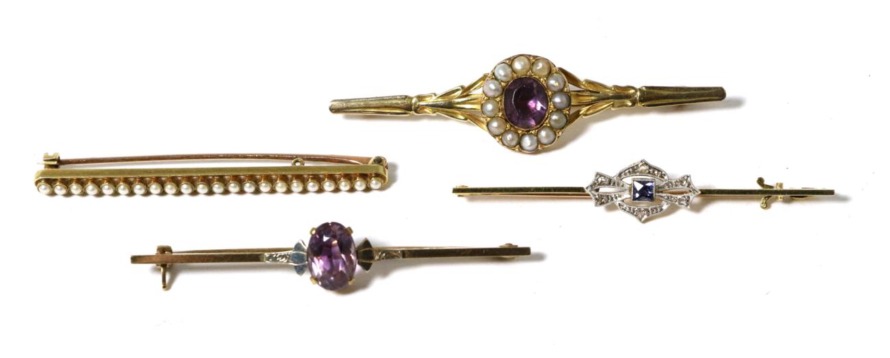 Lot 16 - A purple paste and seed pearl brooch, an oval purple paste in a border of seed pearls, to a...