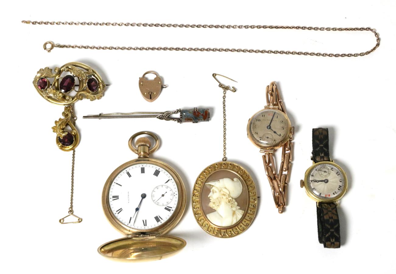 Lot 22 - A gold plated Waltham full hunter pocket watch, two lady's wristwatches stamped 18 carat gold;...