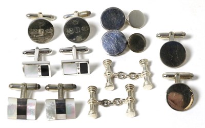 Lot 31 - Six pairs of silver cufflinks, including a pair inset with mother-of-pearl, onyx and three...