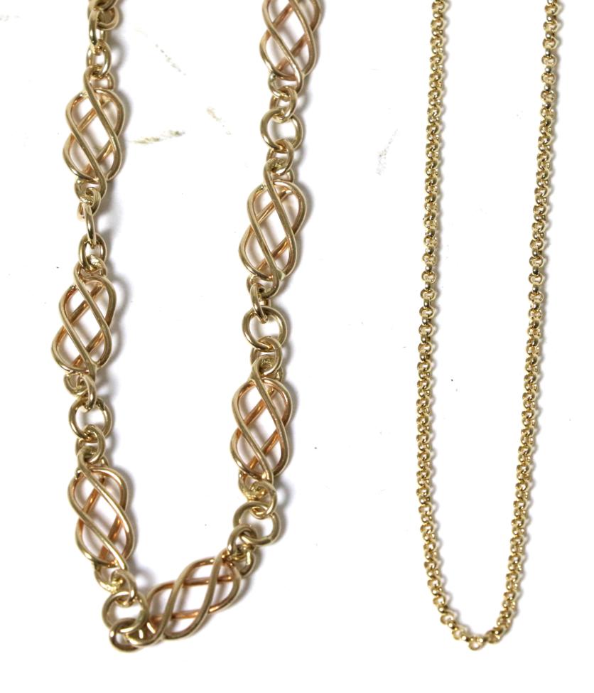 Lot 44 - A 9 carat gold lovers' knot link chain necklace, length 41cm and a 9 carat gold fine belcher...
