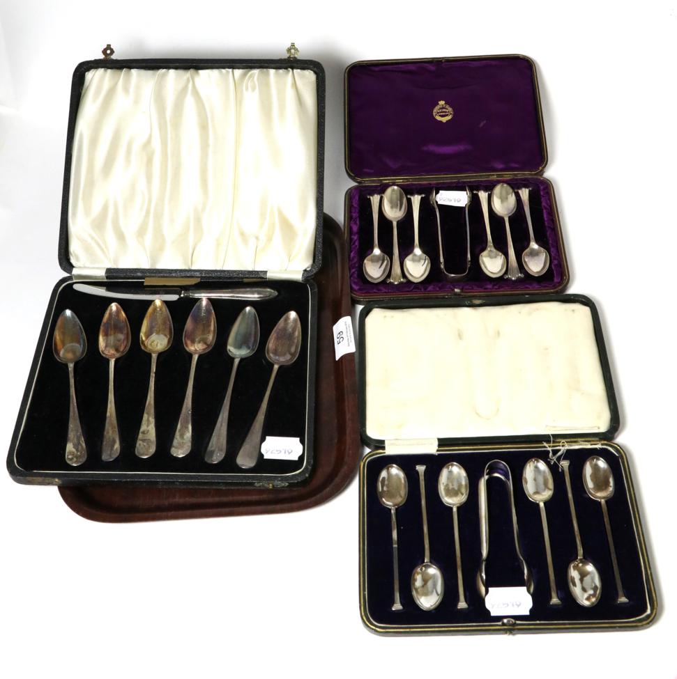 Lot 59 - A set of six silver grapefruit spoons and knife; a set of six Onslow type pattern teaspoons and...