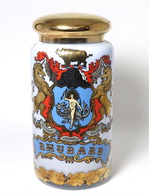 Lot 62 - A Victorian painted and gilt opaque glass rhubarb jar and cover