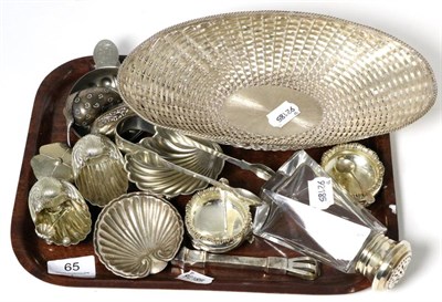 Lot 65 - A basket form dish stamped Sterling Mexico 925, a pair of silver salts, Scottish silver tongs etc