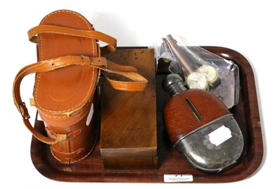 Lot 71 - A boxed monocular microscope, pair of binoculars, a silver pin dish, two wristwatches, a hip...