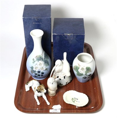 Lot 76 - Five pieces of Royal Copenhagen ceramics including two vases, two birds and a pin tray,...