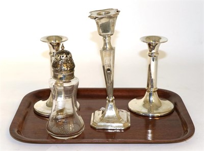 Lot 86 - A pair of two silver mounted candlesticks and two other items