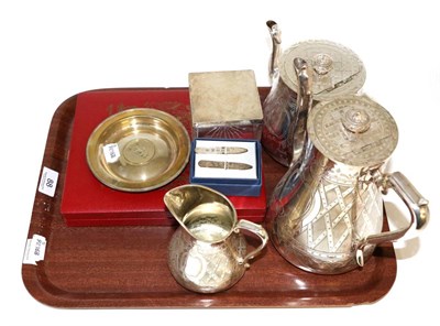 Lot 88 - A silver commemorative dish, silver plated three piece tea service, a pair of silver collar...