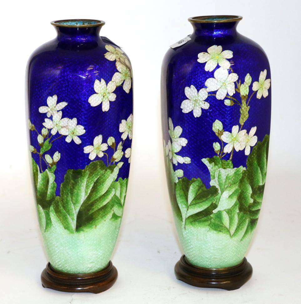 Lot 98 - Pair of 20th century Japanese cloisonne vases on turned wooden stands