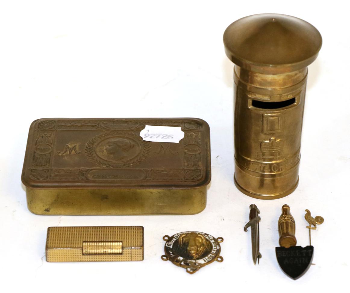 Lot 116 - A First World War Princess Mary 1914 Christmas tin; a ";bayonet"; sweetheart brooch; a Dunhill...