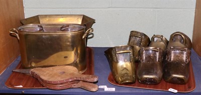 Lot 130 - A group of 19th century brass including shoe-form stirrups, twin bottle cooler etc