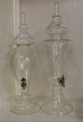 Lot 132 - Two etched glass spirit dispensers and covers, 20th century, 'Old Highland Whisky and Wine',...