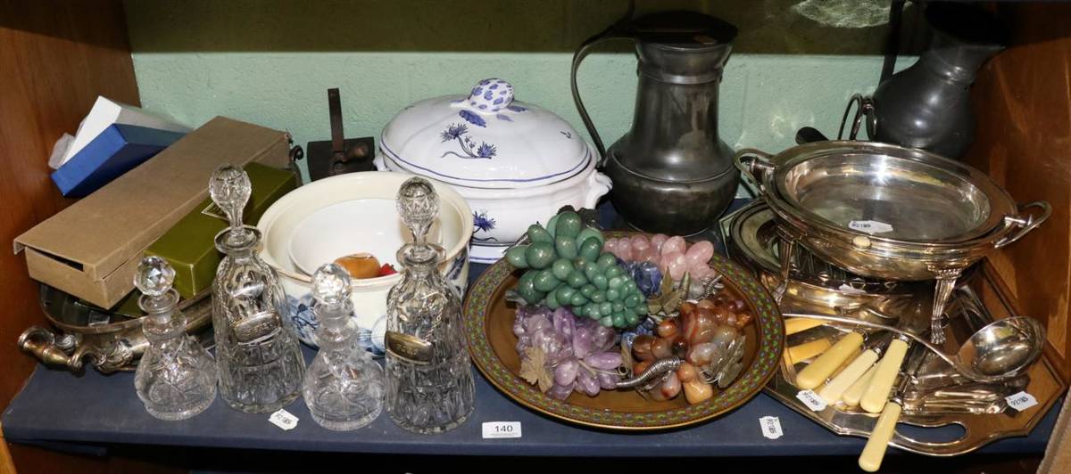 Lot 140 - A small group of silver plate including trays and flatware together with pewter tappit hen,...