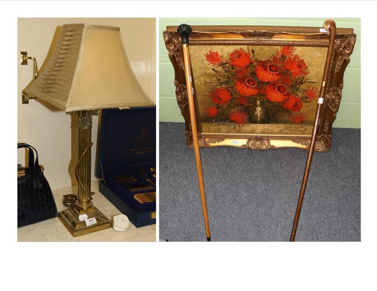 Lot 151 - Two walking sticks, brass table lamp and a gilt framed oil