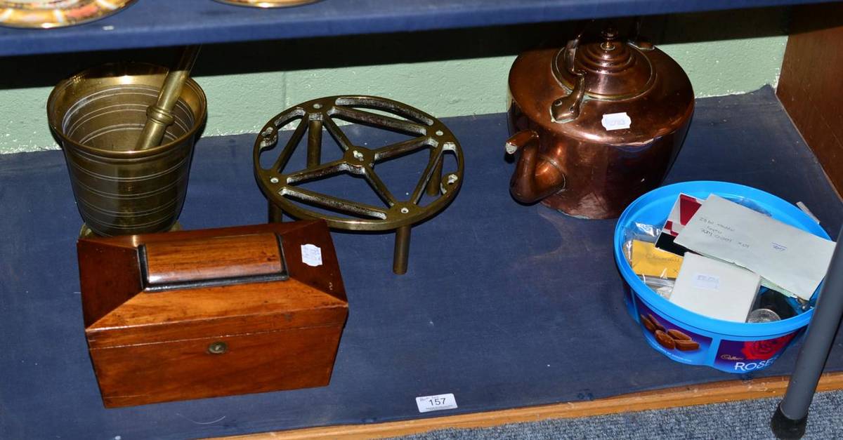 Lot 157 - A quantity of coins; a copper kettle on stand; a brass mortar and pestle; a tea caddy; a picnic...