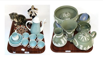 Lot 165 - Two Royal Dux figures, a Winstanley pottery cat model, a Susie Cooper coffee service, a Royal Crown