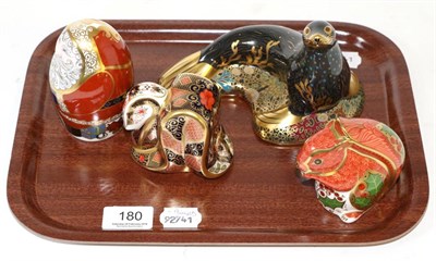 Lot 180 - Four Royal Crown Derby Imari paperweights: Santa, Red Squirrel, Snake and Sea Lion (4)