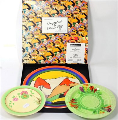 Lot 214 - Clarice Cliff Bizarre Crocus pattern plate; one other; and Wedgwood replica Clarice Cliff...