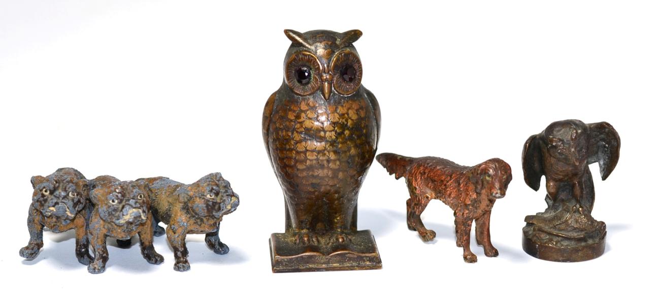 Lot 229 - A bronze owl pin cushion; a bronze model of an owl with its prey; a cold painted retriever and...