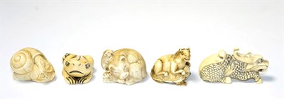 Lot 240 - Four Japanese Meiji period carved ivory netsukes in the form of animals and another example of...